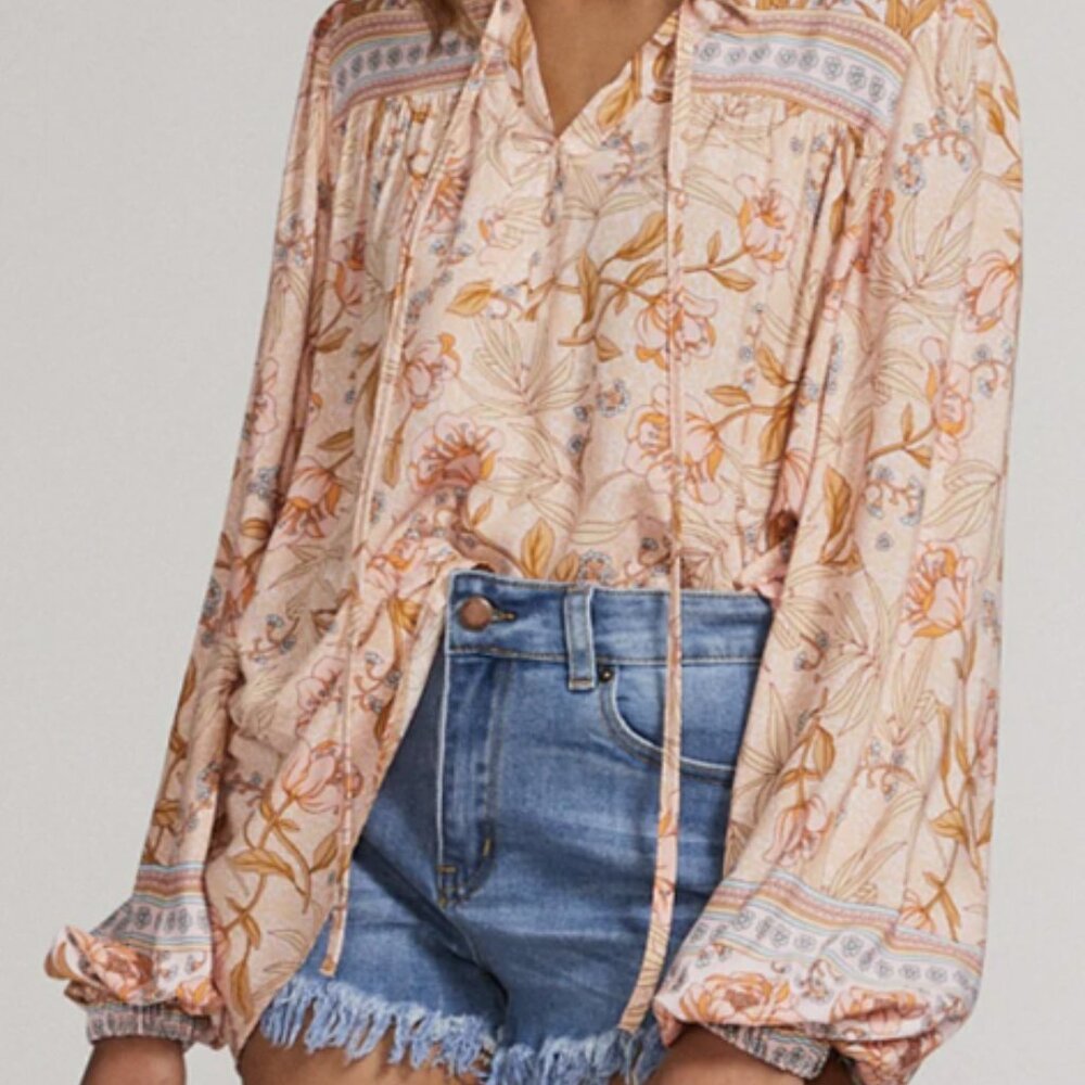 Miss Sparkling Tunic Top Long Sleeve Floral Print Retro Pastel Peach Boho XL